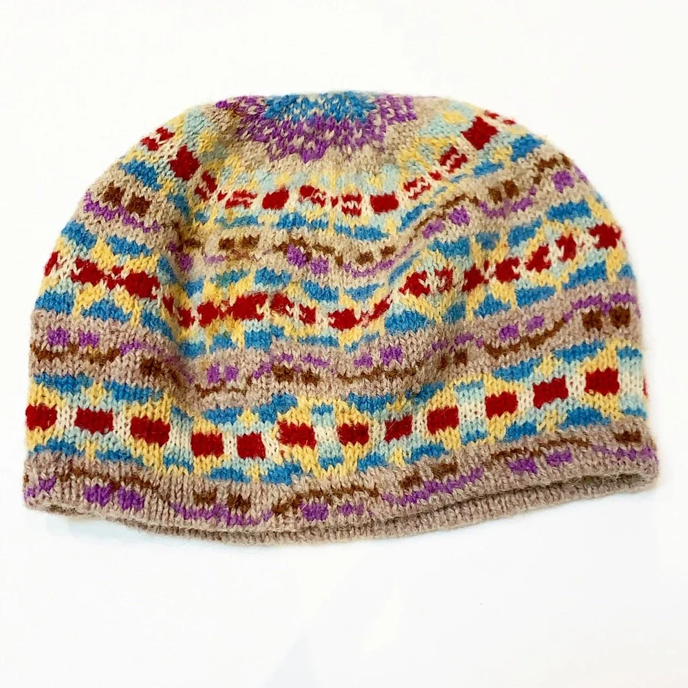 Vintage handmade colorful wool knit beanie hat - Picture 1 of 1